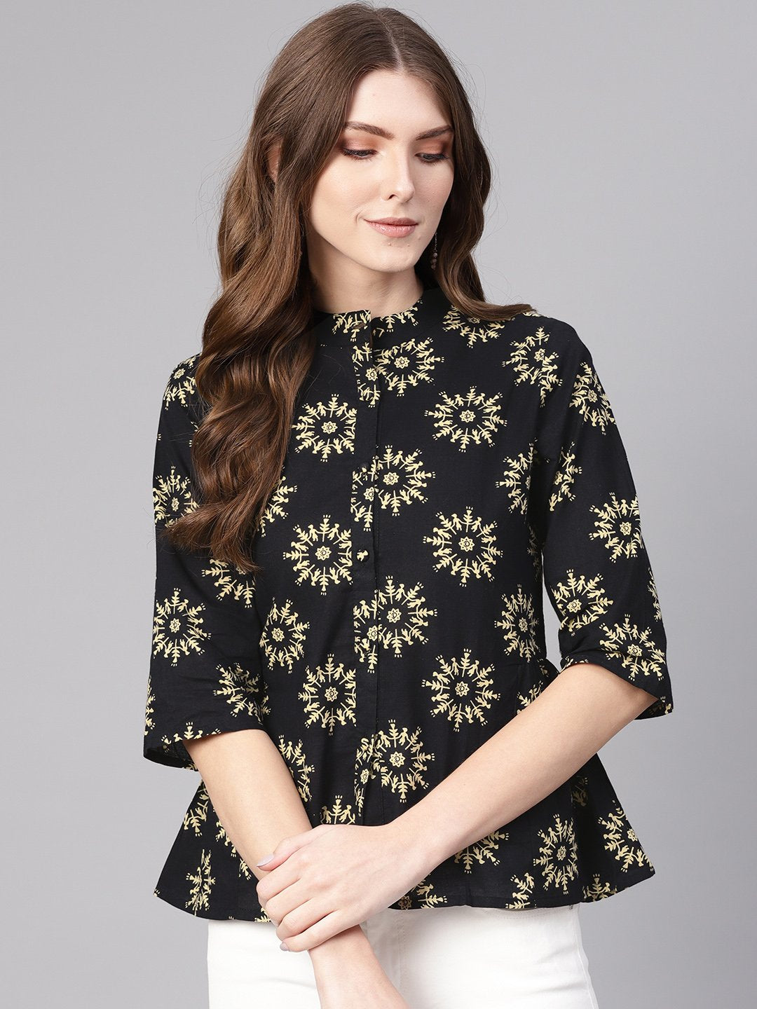 Women's Black & Cream-Coloured Printed Shirt Style Top