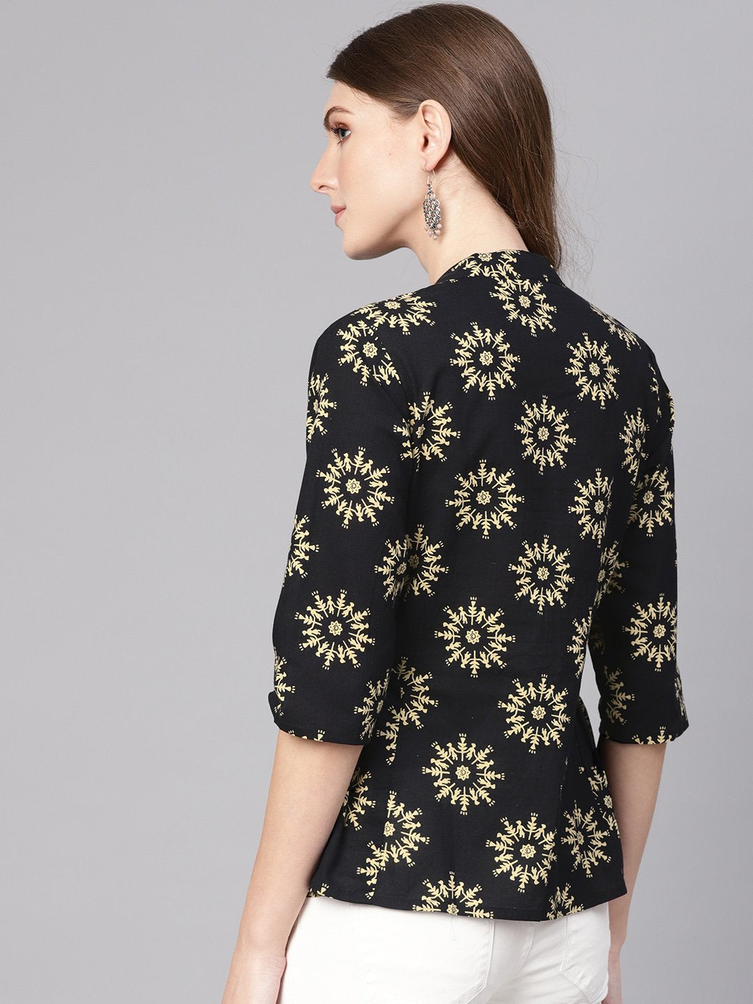 Women's Black & Cream-Coloured Printed Shirt Style Top