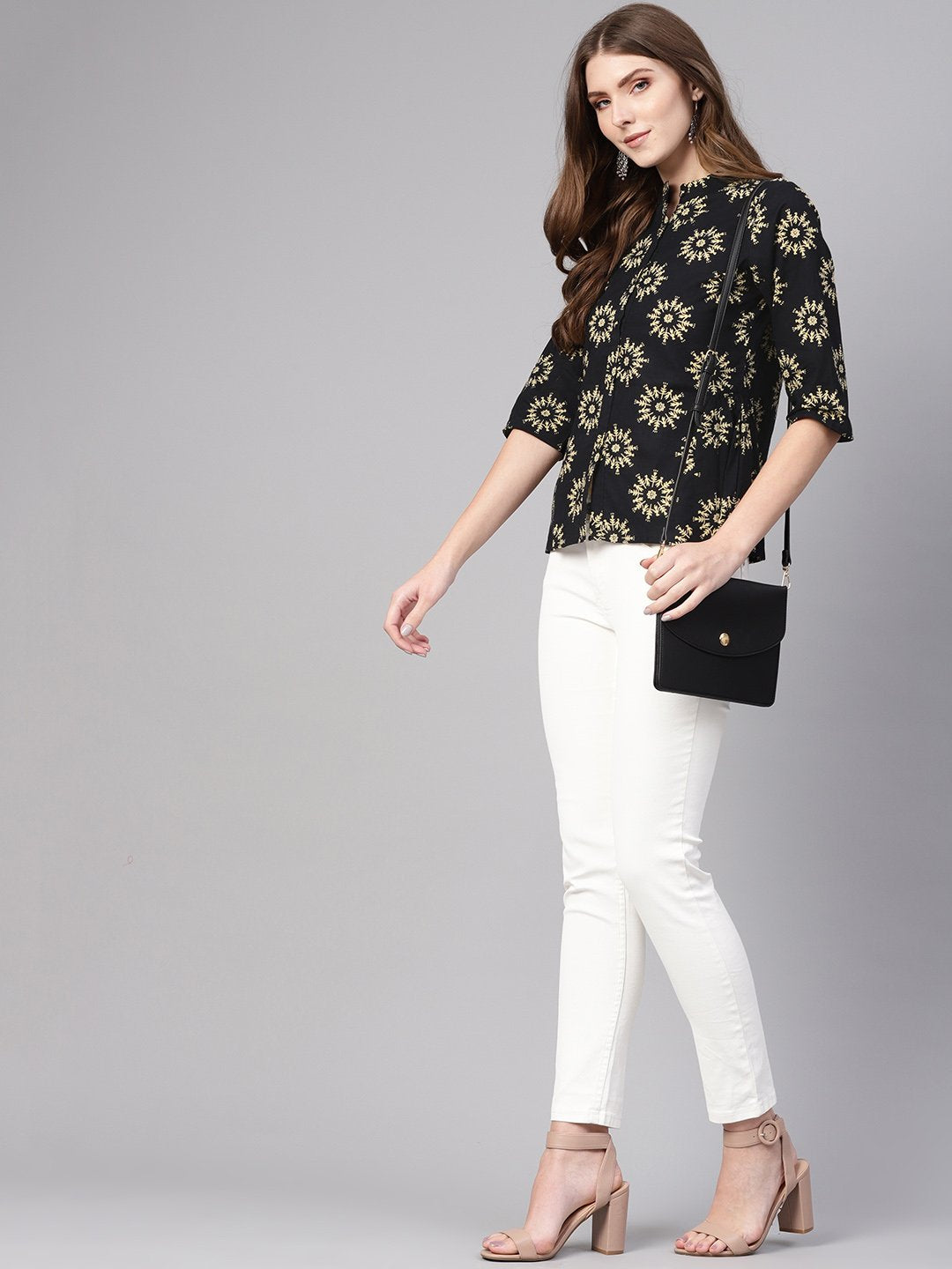 Women's Black & Cream-Coloured Printed Shirt Style Top