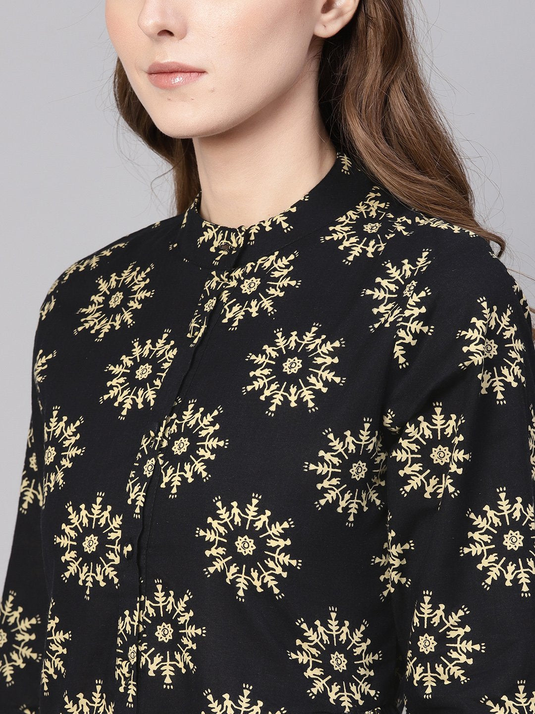 Women's Black & Cream-Coloured Printed Shirt Style Top