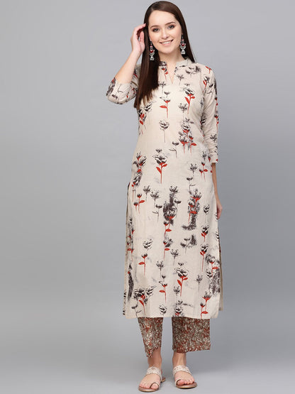 Women's Nayo Sea Green Three-Quarter Sleeves Printed Straight Cotton Kurta Palazzo Set