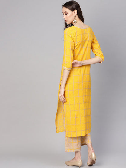 Women's Yellow & Beige Checked Kurta With Trousers