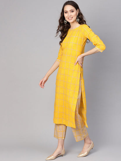 Women's Yellow & Beige Checked Kurta With Trousers