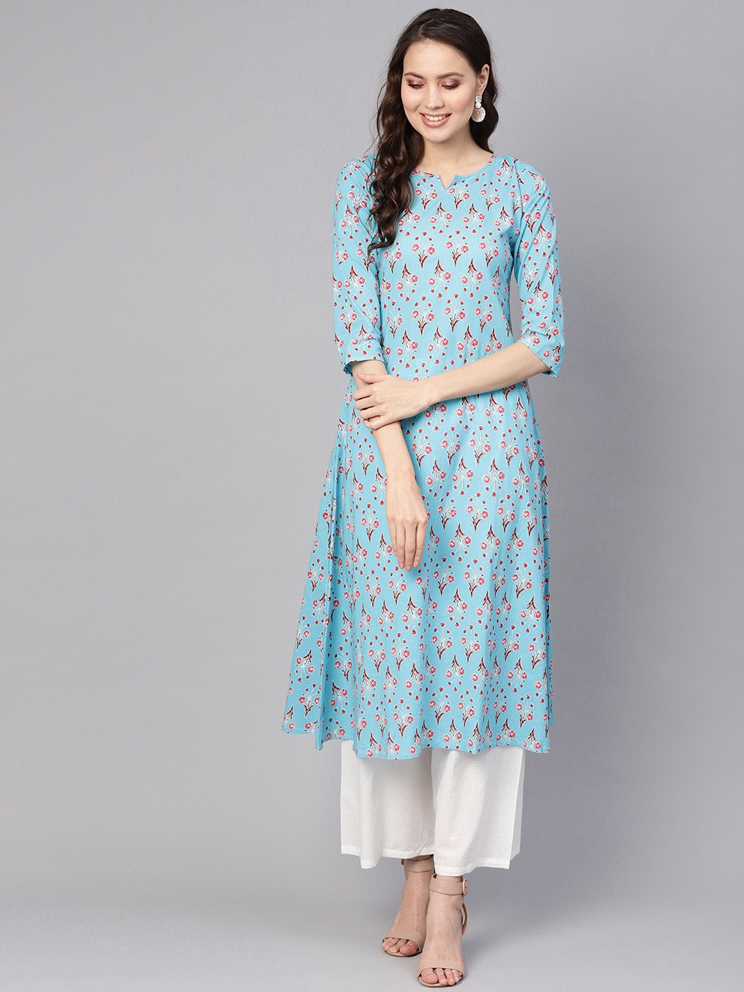Women's Blue & White Printed Kurta With Palazzos