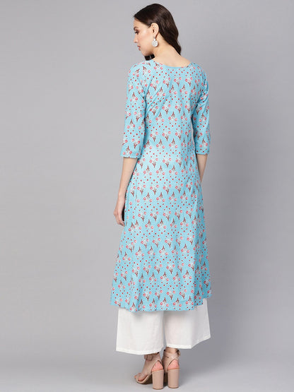 Women's Blue & White Printed Kurta With Palazzos