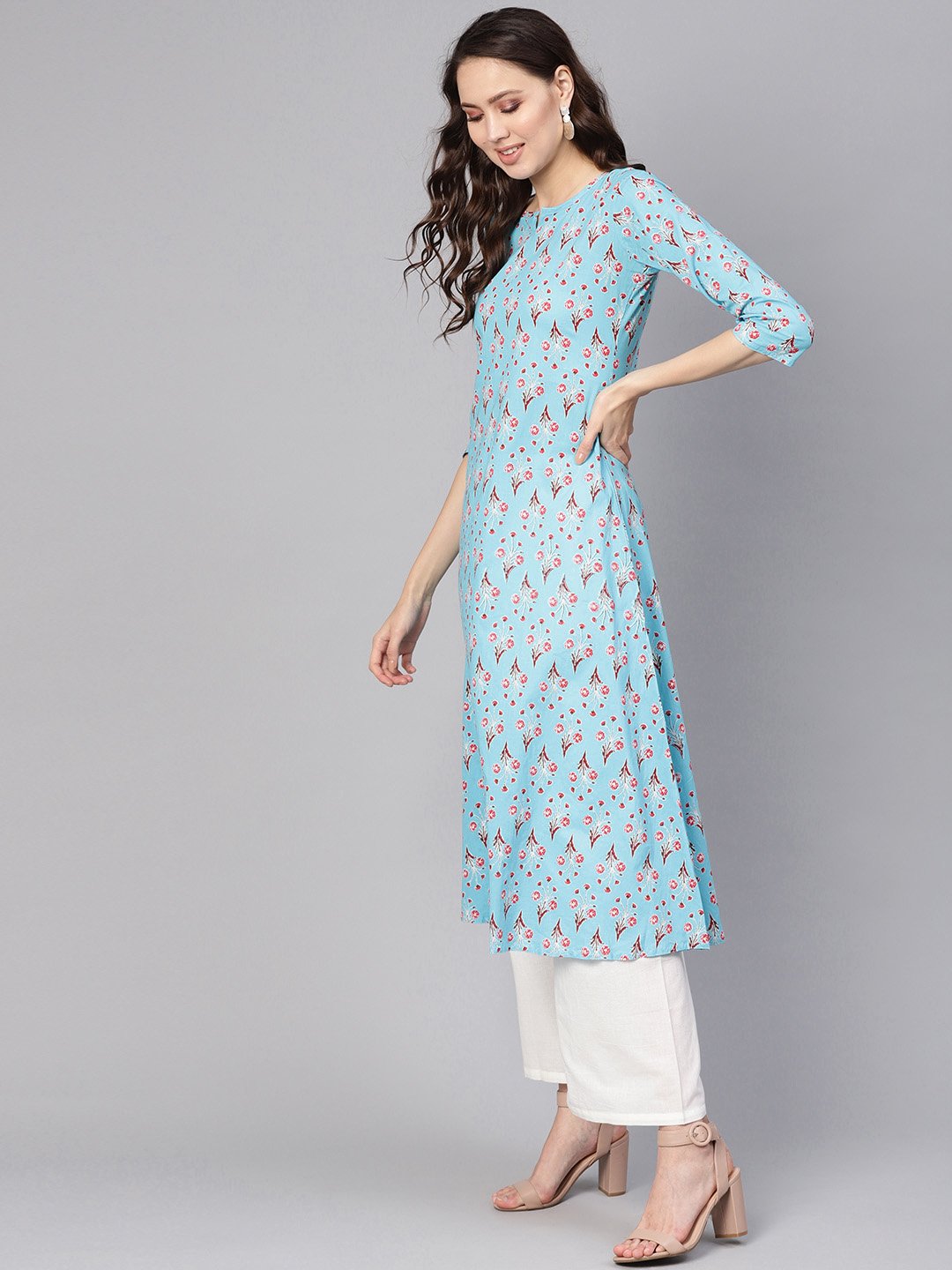 Women's Blue & White Printed Kurta With Palazzos