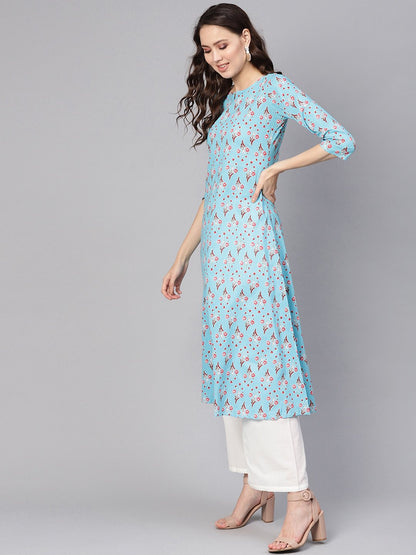 Women's Blue & White Printed Kurta With Palazzos