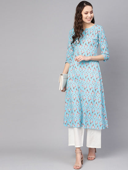 Women's Blue & White Printed Kurta With Palazzos