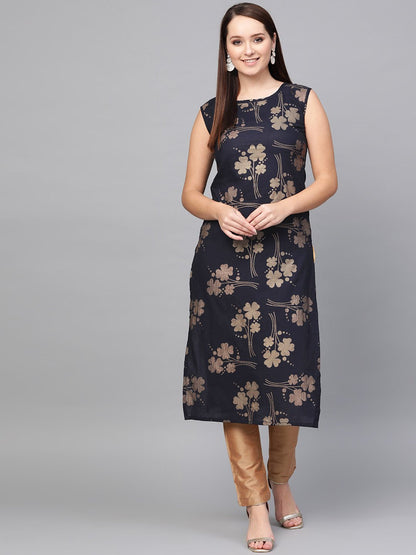Women's Nayo Black Gold Printed Round Neck Cotton Straight Kurta