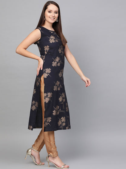 Women's Nayo Black Gold Printed Round Neck Cotton Straight Kurta