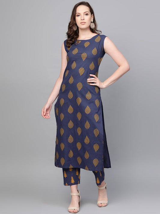 Women's Nayo Navy Blue Sleeveless Printed Straight Cotton Kurta With Trouser Set