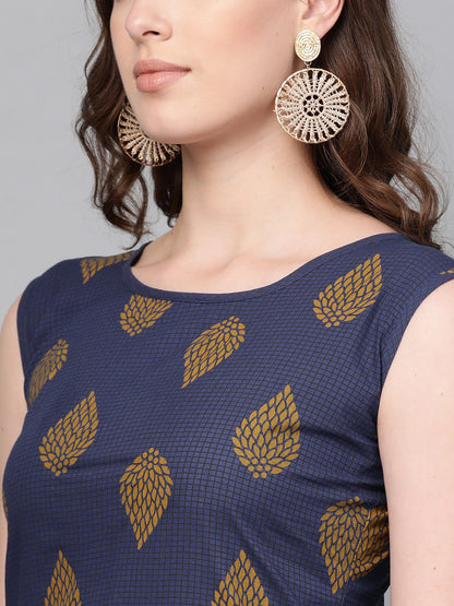 Women's Nayo Navy Blue Sleeveless Printed Straight Cotton Kurta With Trouser Set