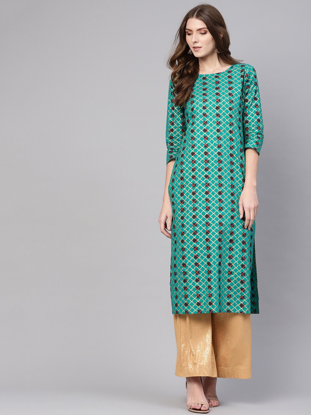Women's Green & Brown Printed Straight Kurta