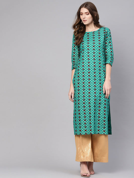 Women's Green & Brown Printed Straight Kurta