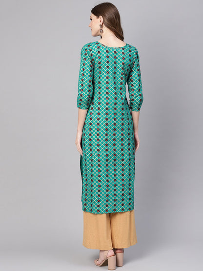 Women's Green & Brown Printed Straight Kurta