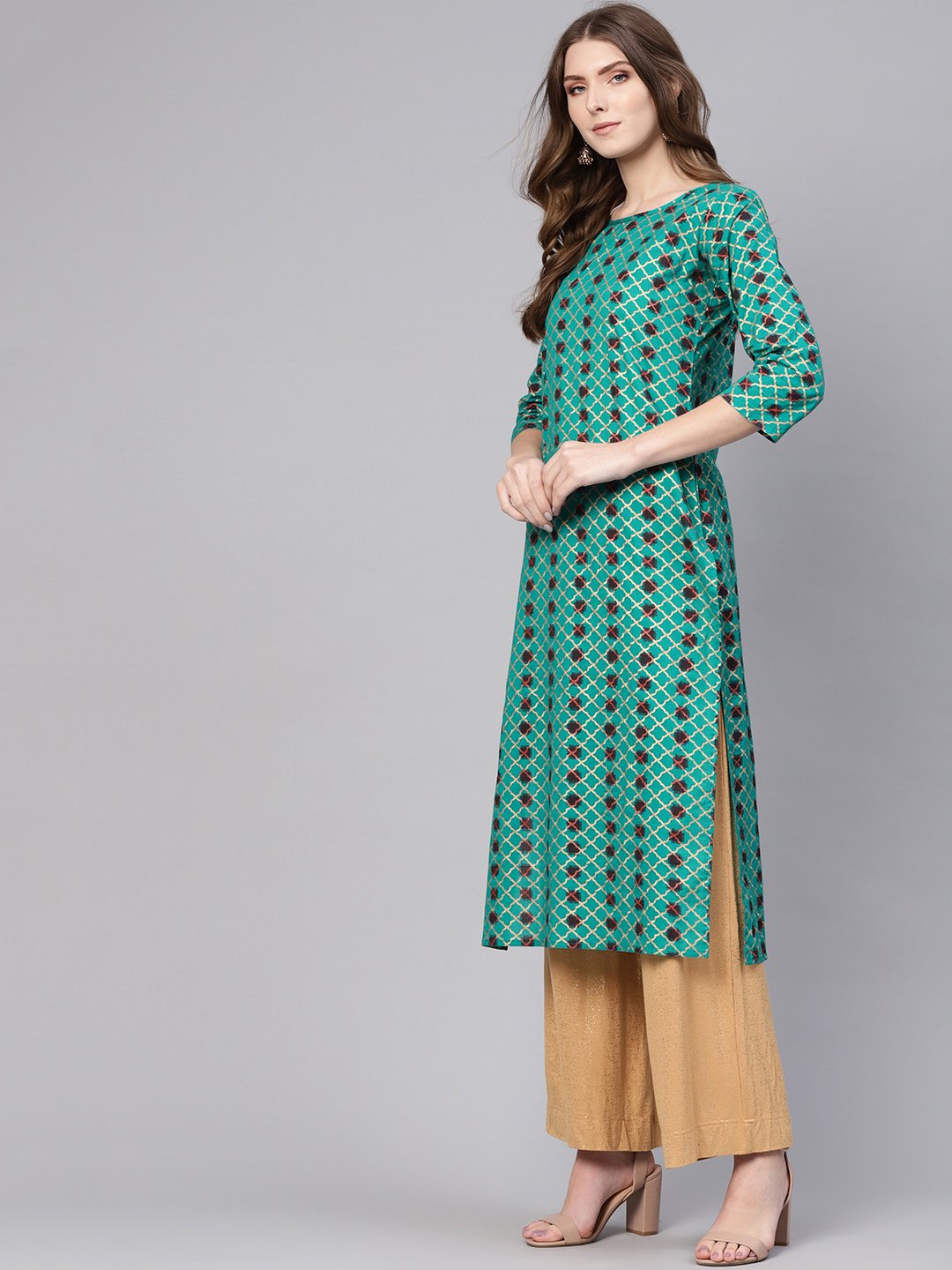 Women's Green & Brown Printed Straight Kurta