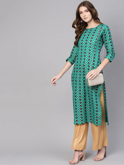 Women's Green & Brown Printed Straight Kurta