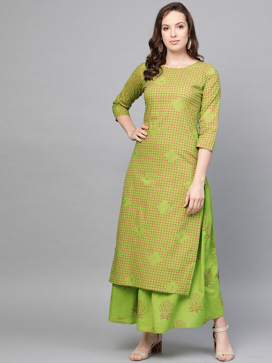 Women's Nayo Green Three-Quarter Sleeves Printed Straight Cotton Kurta Skirt Set