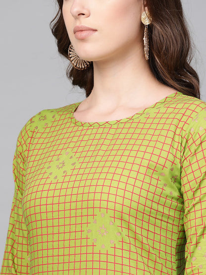 Women's Nayo Green Three-Quarter Sleeves Printed Straight Cotton Kurta Skirt Set