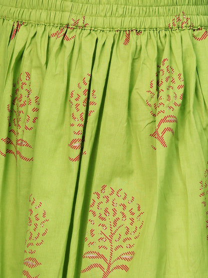 Women's Nayo Green Three-Quarter Sleeves Printed Straight Cotton Kurta Skirt Set