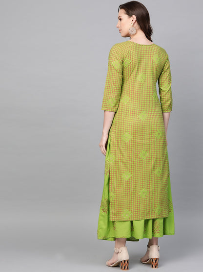 Women's Nayo Green Three-Quarter Sleeves Printed Straight Cotton Kurta Skirt Set