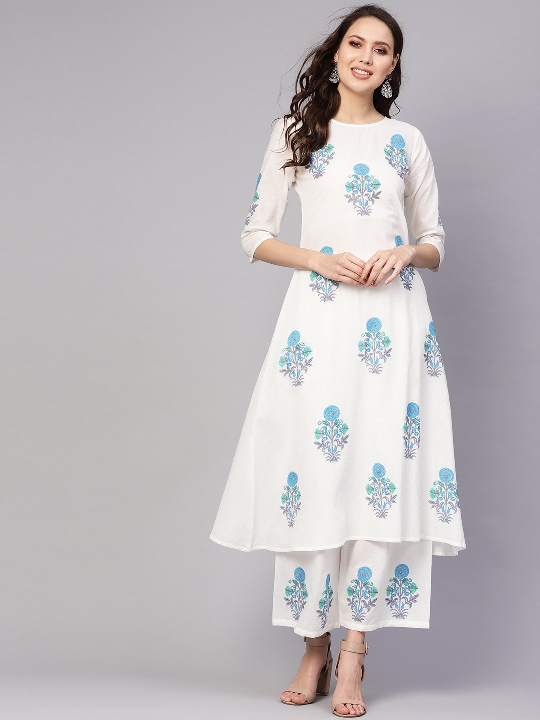 Women's White & Blue Printed Kurta With Palazzos