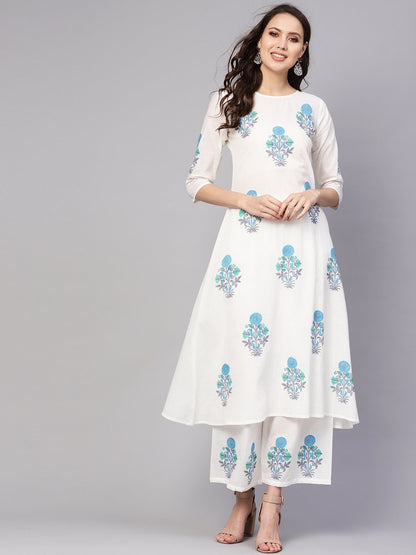 Women's White & Blue Printed Kurta With Palazzos