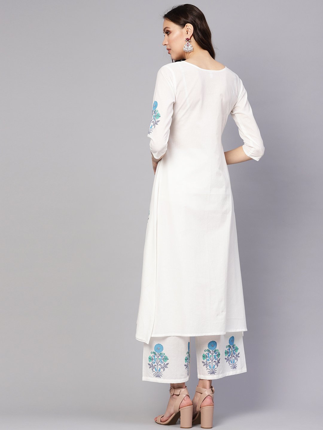 Women's White & Blue Printed Kurta With Palazzos