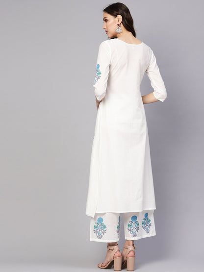 Women's White & Blue Printed Kurta With Palazzos