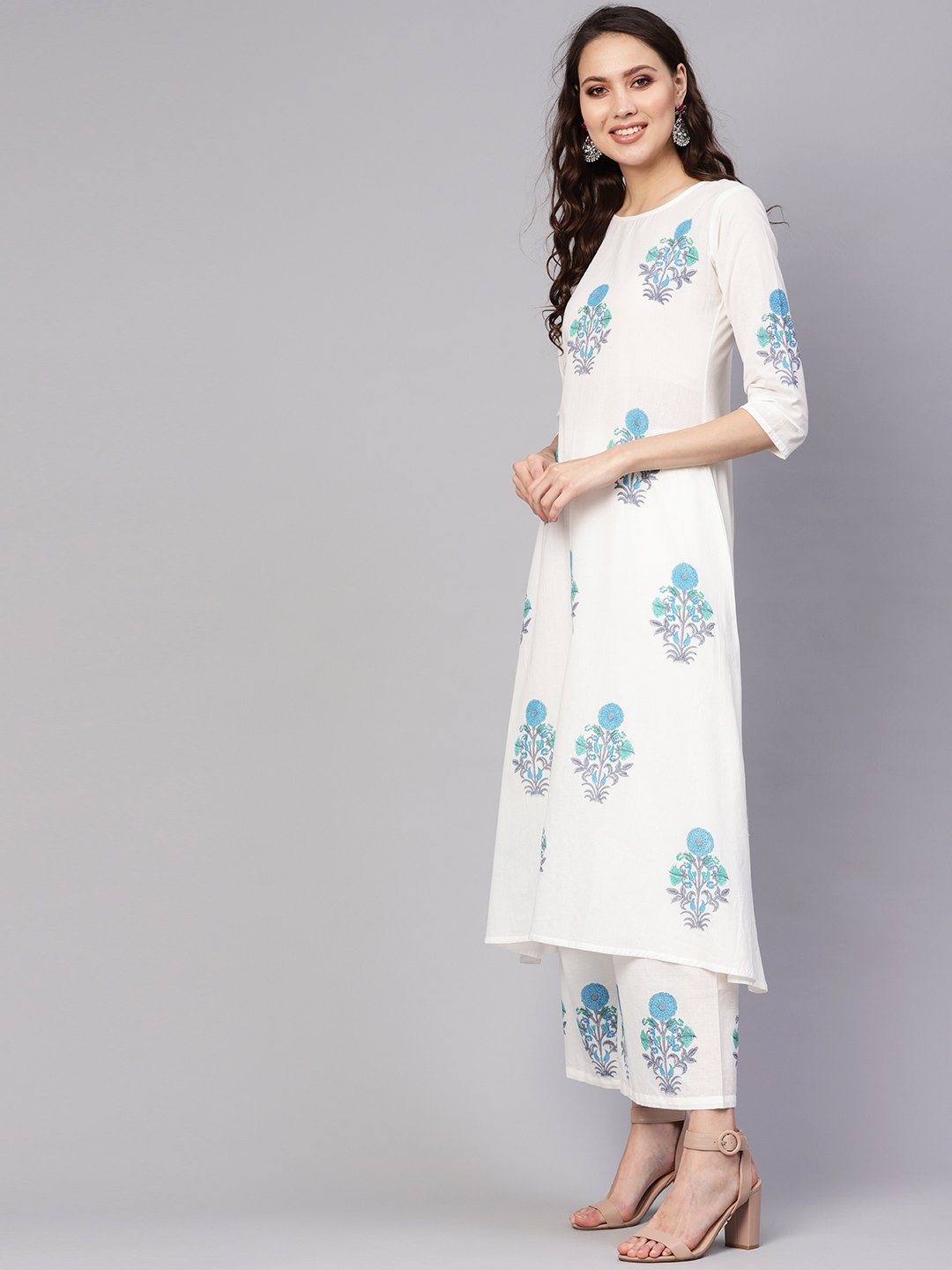 Women's White & Blue Printed Kurta With Palazzos
