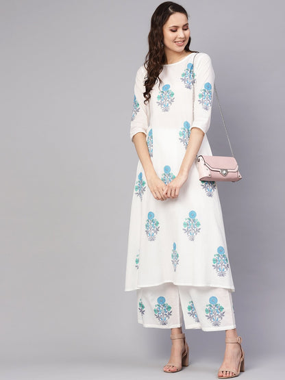 Women's White & Blue Printed Kurta With Palazzos