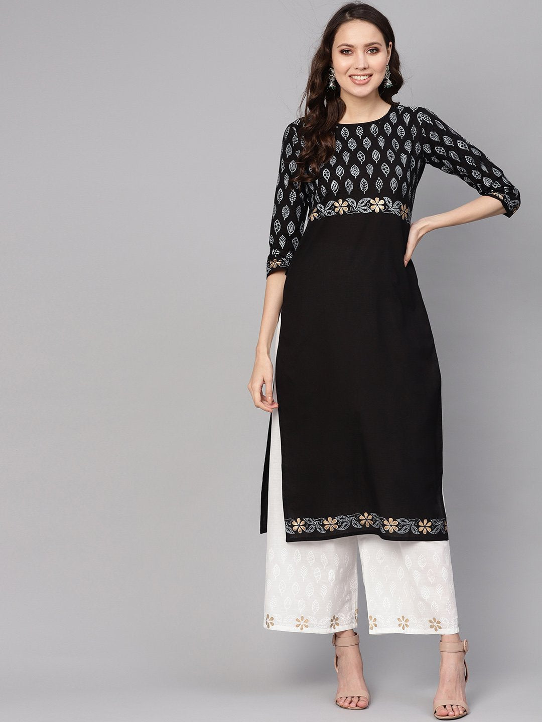 Women's Black & White Printed Kurta With Palazzos