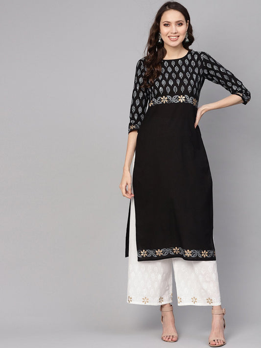 Women's Black & White Printed Kurta With Palazzos