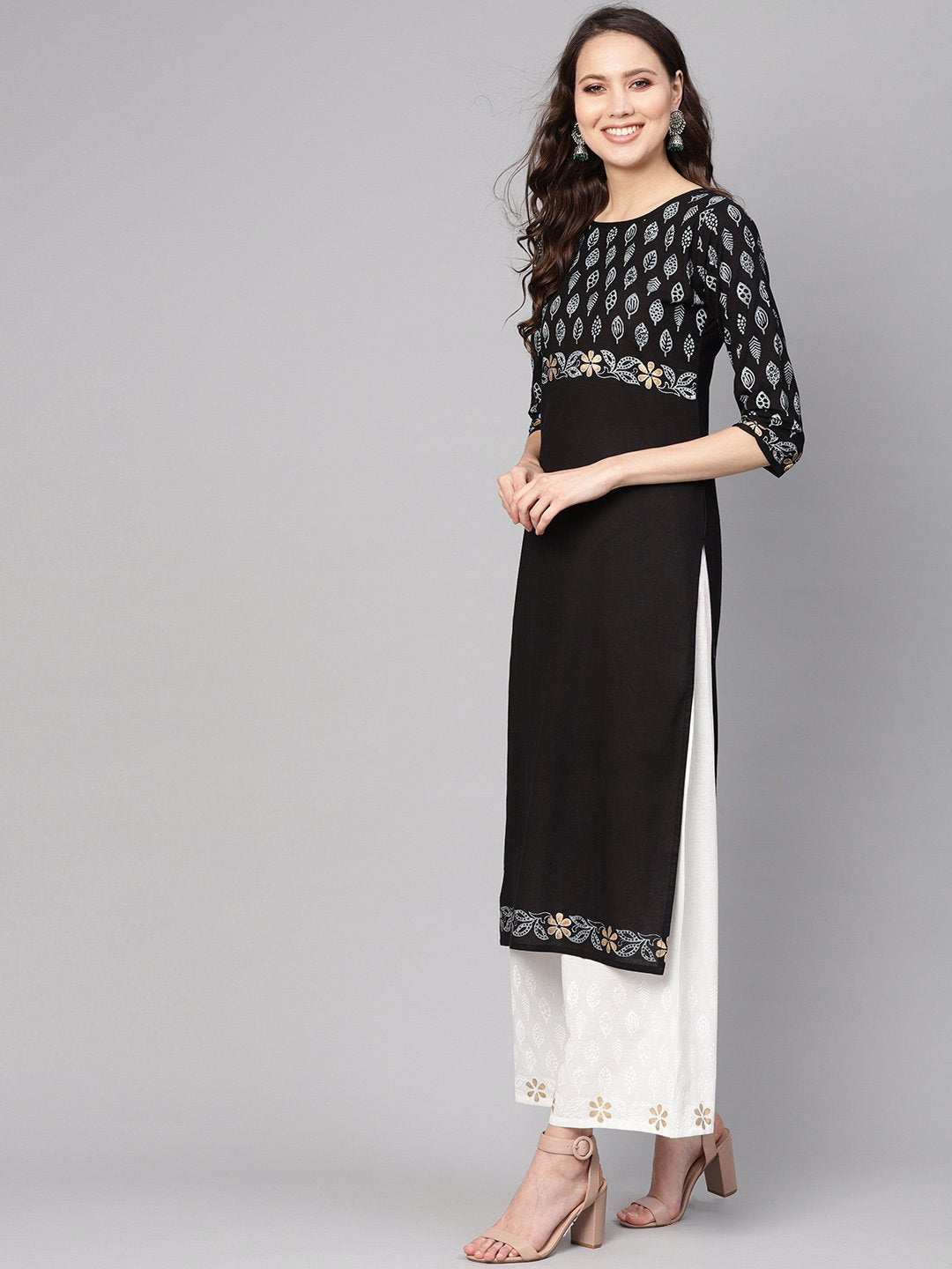Women's Black & White Printed Kurta With Palazzos