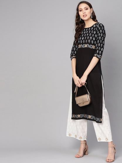 Women's Black & White Printed Kurta With Palazzos