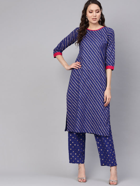 Women's Blue & Golden Leheriya Print Kurta With Trousers