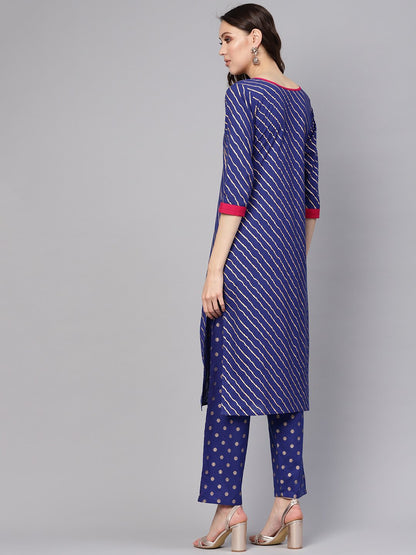 Women's Blue & Golden Leheriya Print Kurta With Trousers
