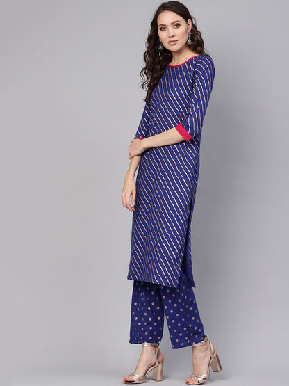 Women's Blue & Golden Leheriya Print Kurta With Trousers