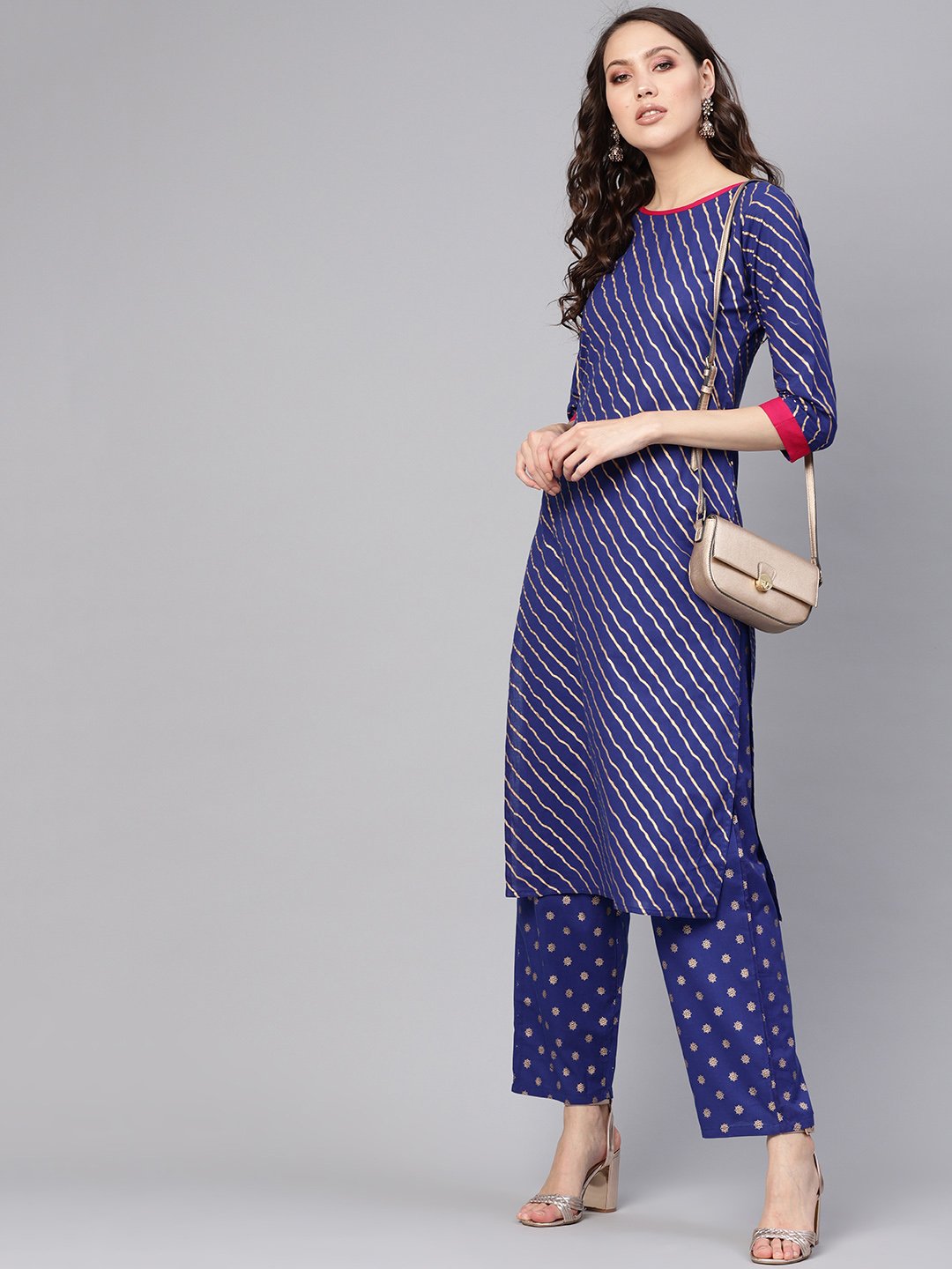 Women's Blue & Golden Leheriya Print Kurta With Trousers