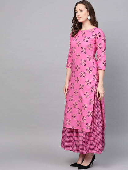 Women's Nayo Pink Three-Quarter Sleeves Printed Straight Cotton Kurta And Skirt Set