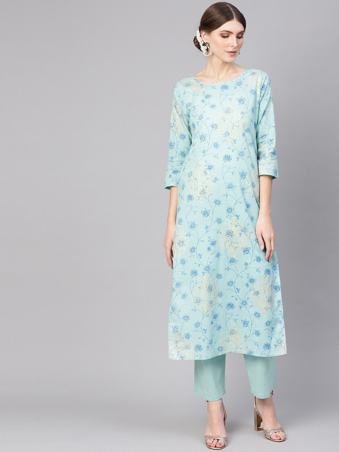 Women's Blue Printed Kurta With Trousers