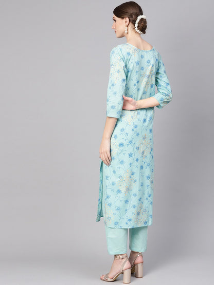 Women's Blue Printed Kurta With Trousers
