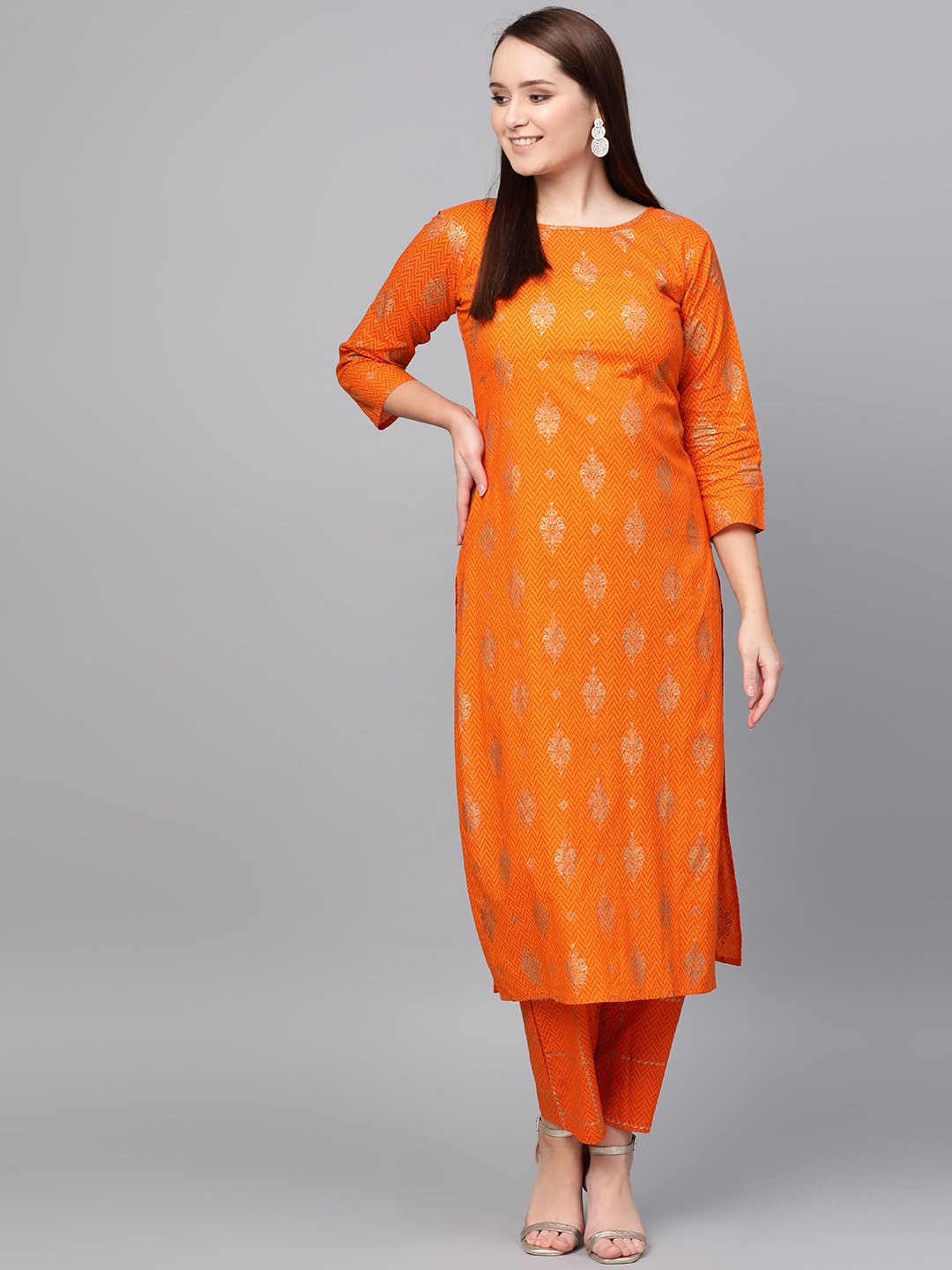 Women's Nayo Mustard Three-Quarter Sleeves Printed Straight Cotton Kurta With Trouser Set