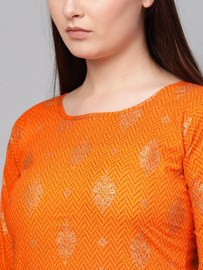 Women's Nayo Mustard Three-Quarter Sleeves Printed Straight Cotton Kurta With Trouser Set