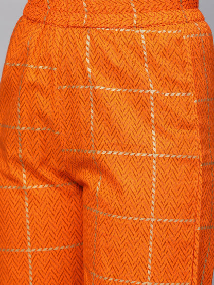 Women's Nayo Mustard Three-Quarter Sleeves Printed Straight Cotton Kurta With Trouser Set