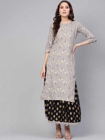 Women's Charcoal Grey & Black Printed Kurta With Skirt