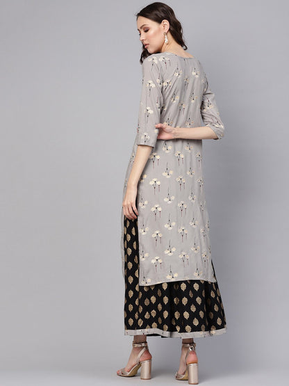 Women's Charcoal Grey & Black Printed Kurta With Skirt
