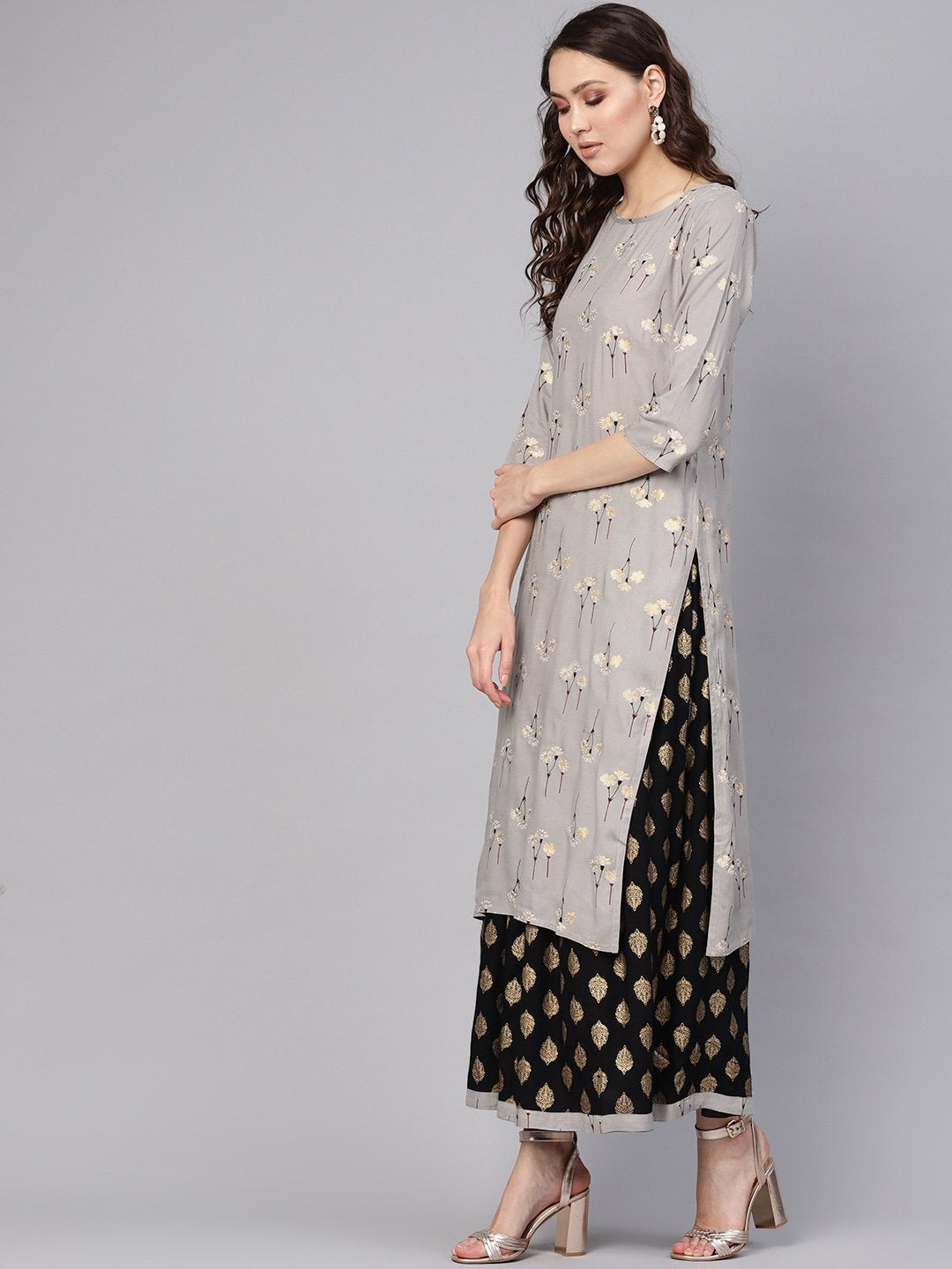 Women's Charcoal Grey & Black Printed Kurta With Skirt