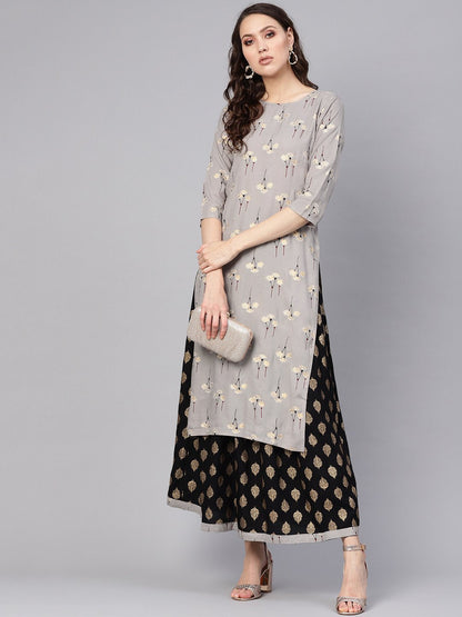Women's Charcoal Grey & Black Printed Kurta With Skirt