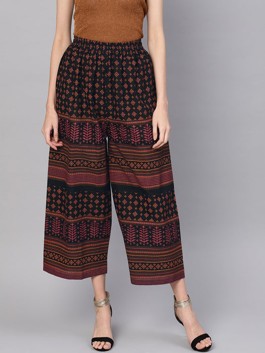Women's Black & Orange Printed Cropped Straight Palazzos
